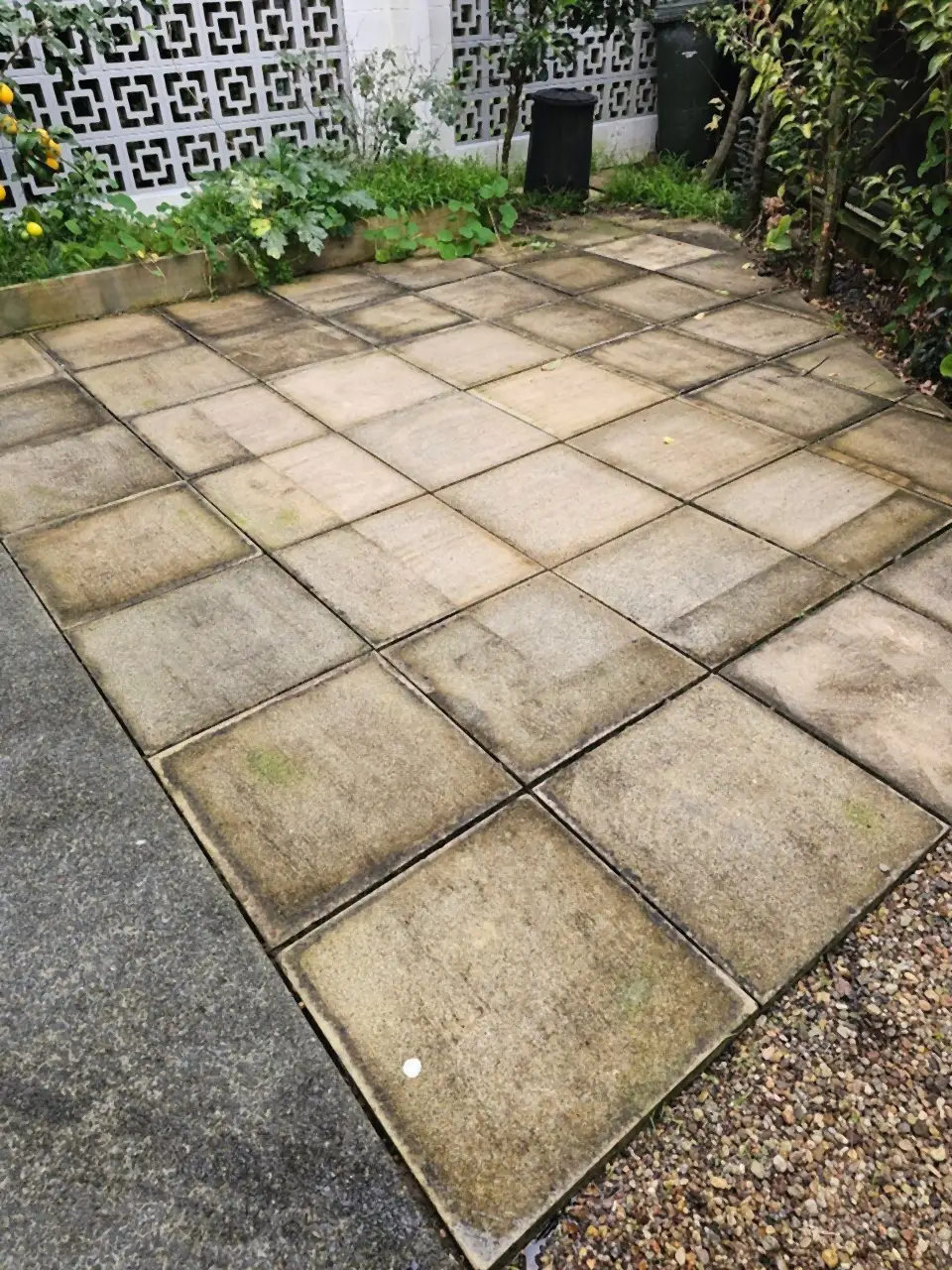 Before: Square concrete pavers, blotchy with dirt and algae